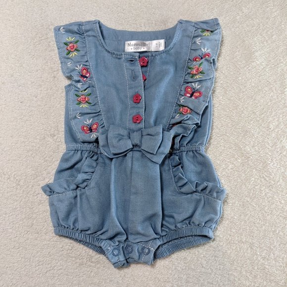 Nannette Other - Nanette Baby Chambray Denim Romper Blue Floral Butterflies - size 3 months